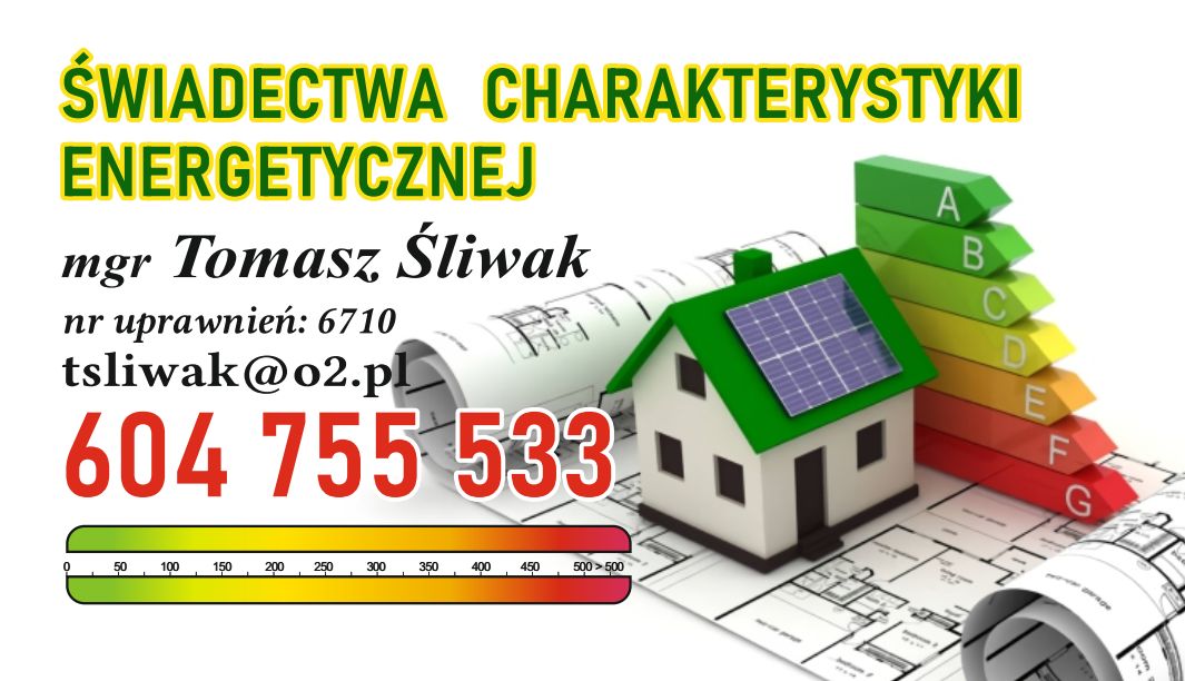 Wizytówka firmy: Świadectwa Charakterystyki Energetycznej Końskie - mgr Tomasz Śliwak, nr uprawnień 6710, telefon 604 755 533